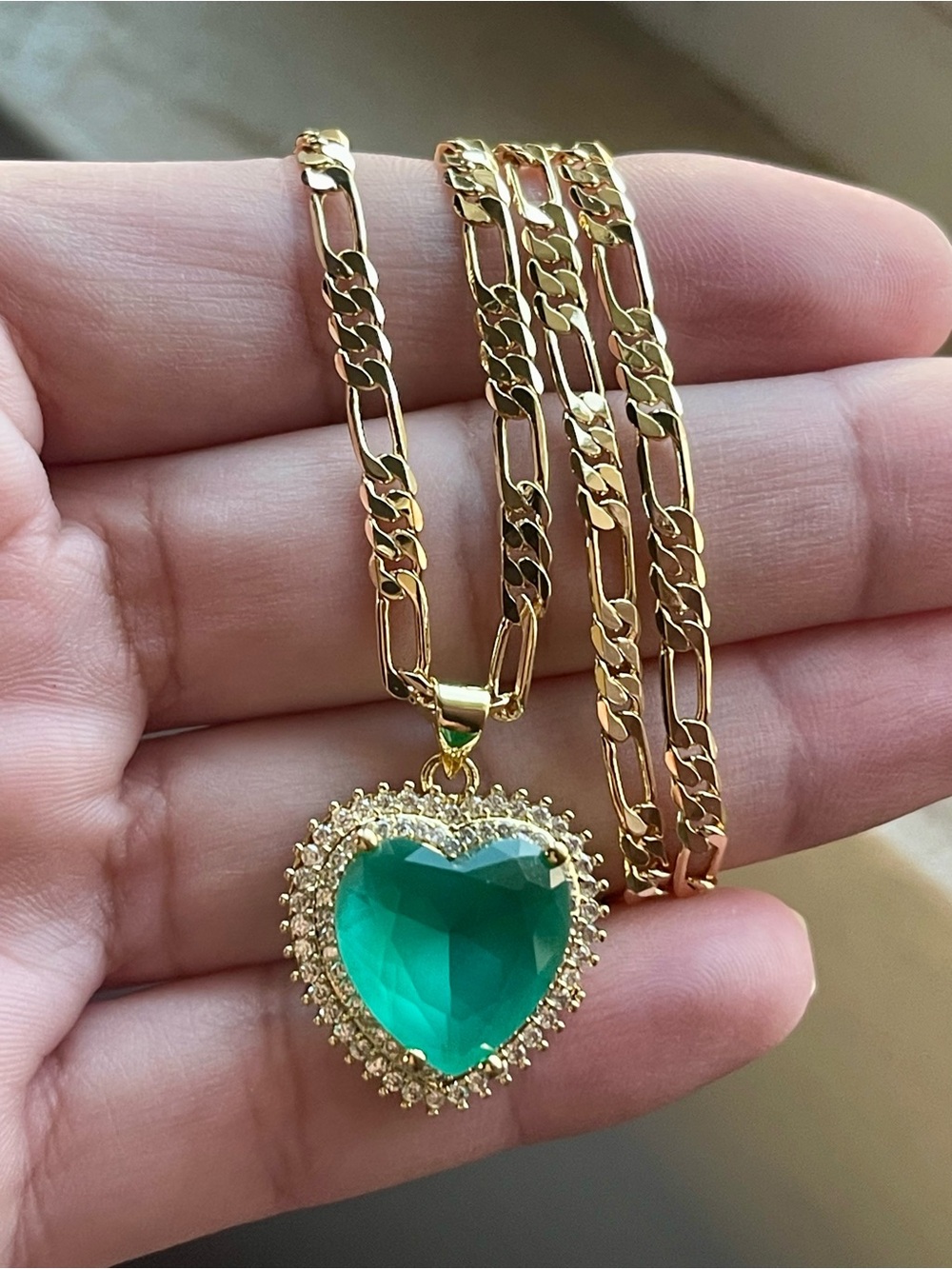 Gold Figaro Chain Necklace with Mint Green Heart Pendant